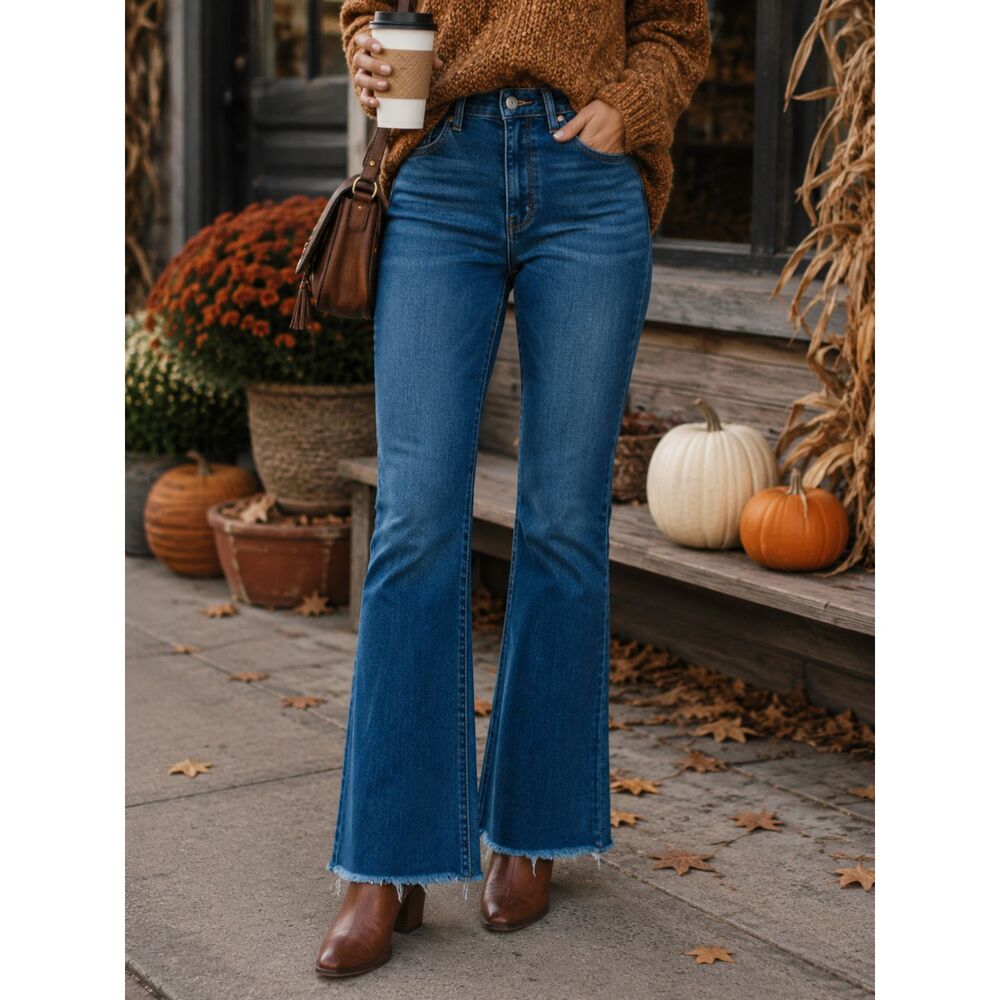 LOFT Slim Flare High Rise Jeans Size 6 28 Medium Wash Raw Hem Stretch Women's